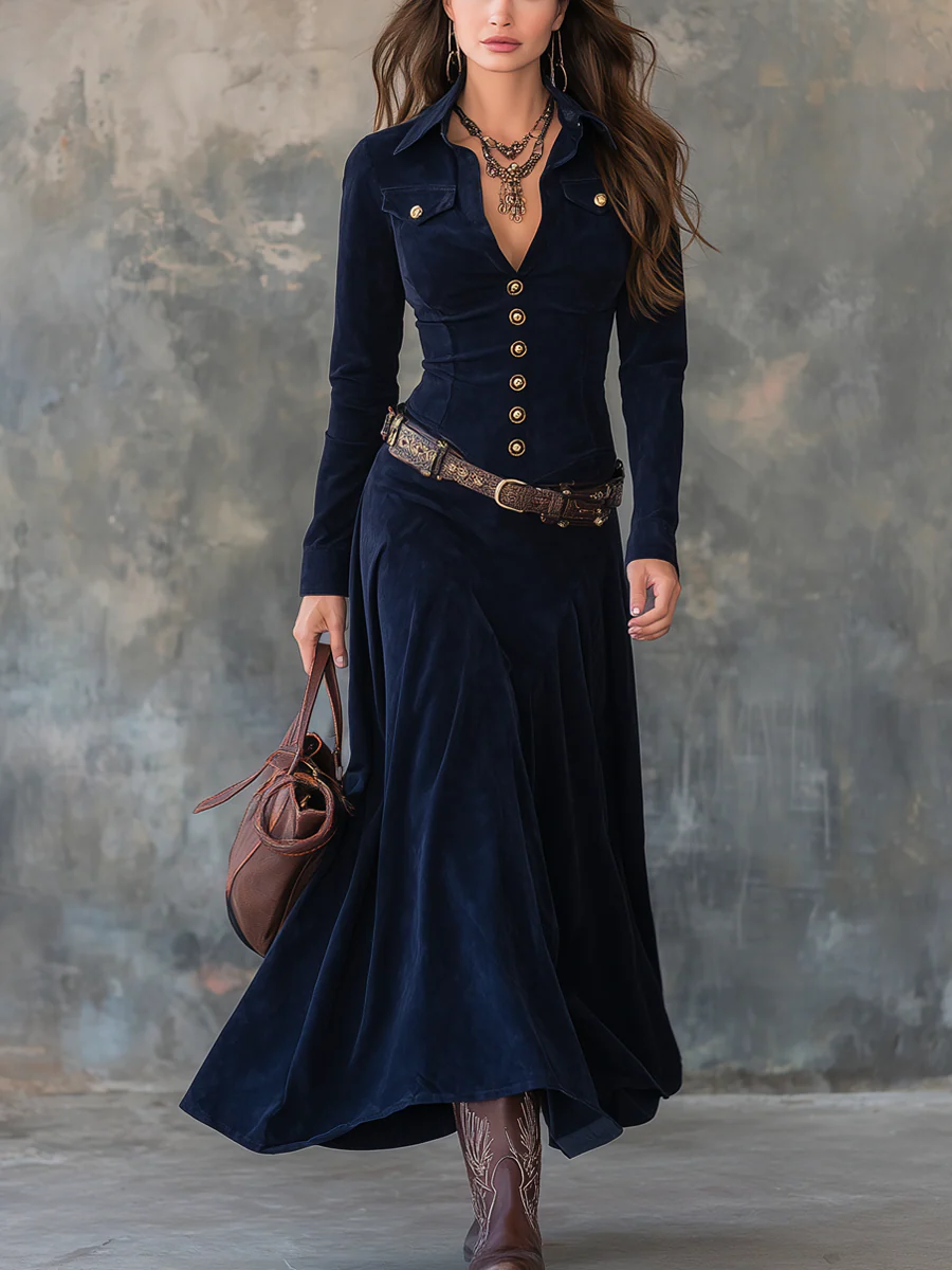 Diana | Lange suède jurk met knopen  - By Qivii