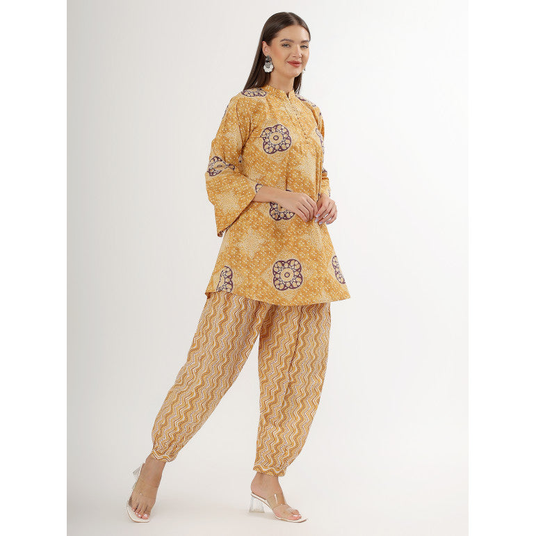 Mustard Floral Print Long Sleeve Kurta Set - qivii