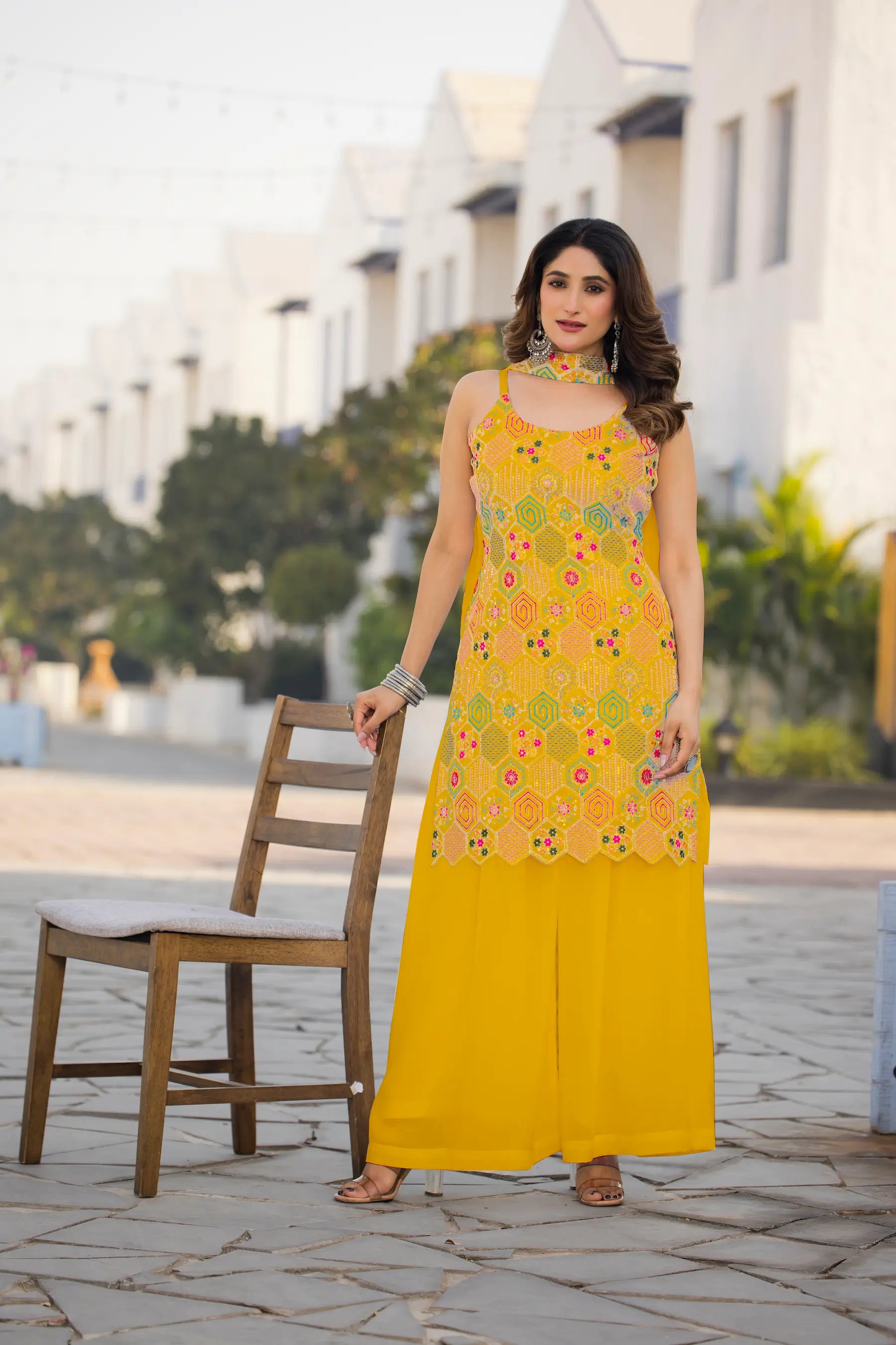 Yellow Chinon Sequence Embroidery Work Salwar Suit - qivii