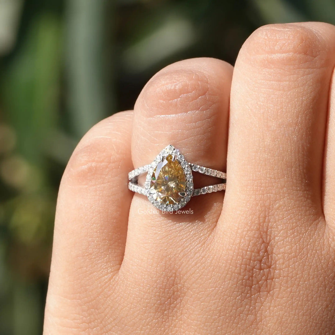 Yellow Pear Moissanite Halo Engagement Ring