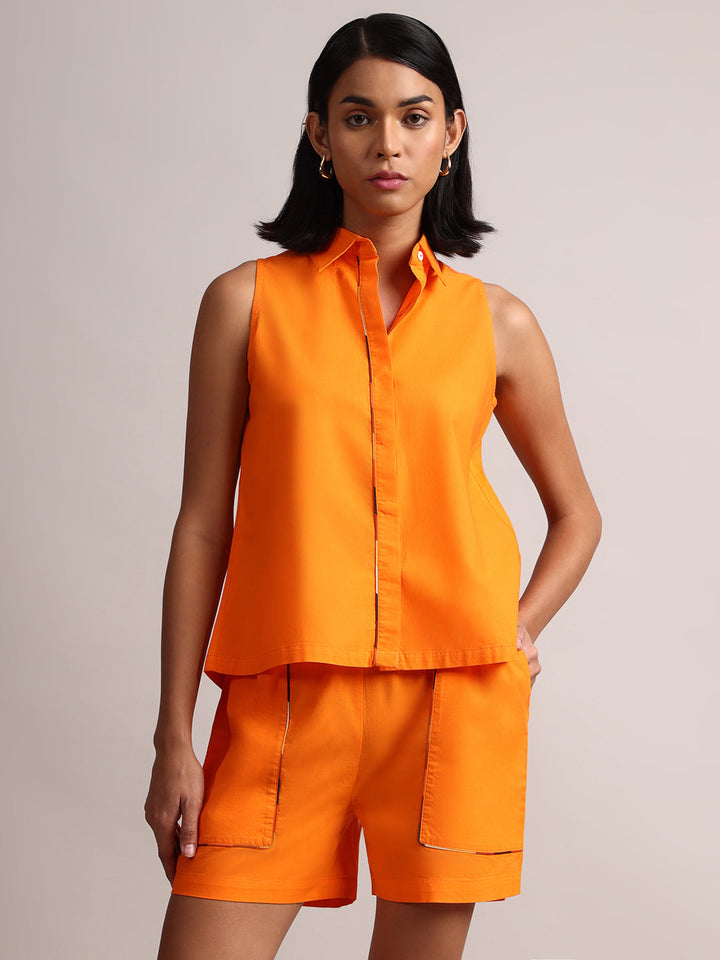 Orange Cotton Solid Shirt Style  Co-Ord Set  - By Janasya