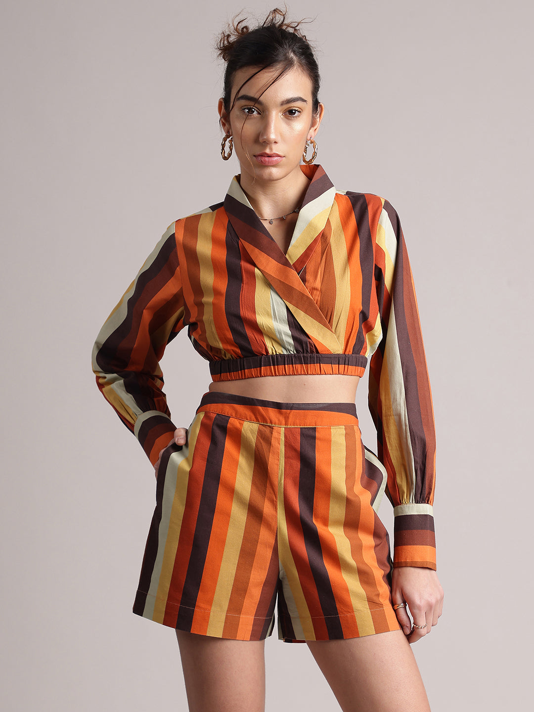 Multicolour Cotton Striped Wrap Co-Ord Set  - By Janasya