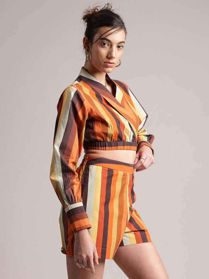 Multicolour Cotton Striped Wrap Co-Ord Set  - By Janasya