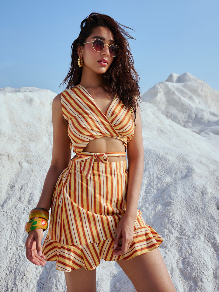 Yellow Cotton Striped Wrap Co-Ord Set  - By Janasya