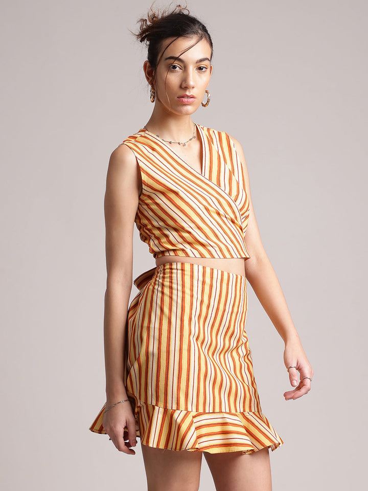 Yellow Cotton Striped Wrap Co-Ord Set  - By Janasya