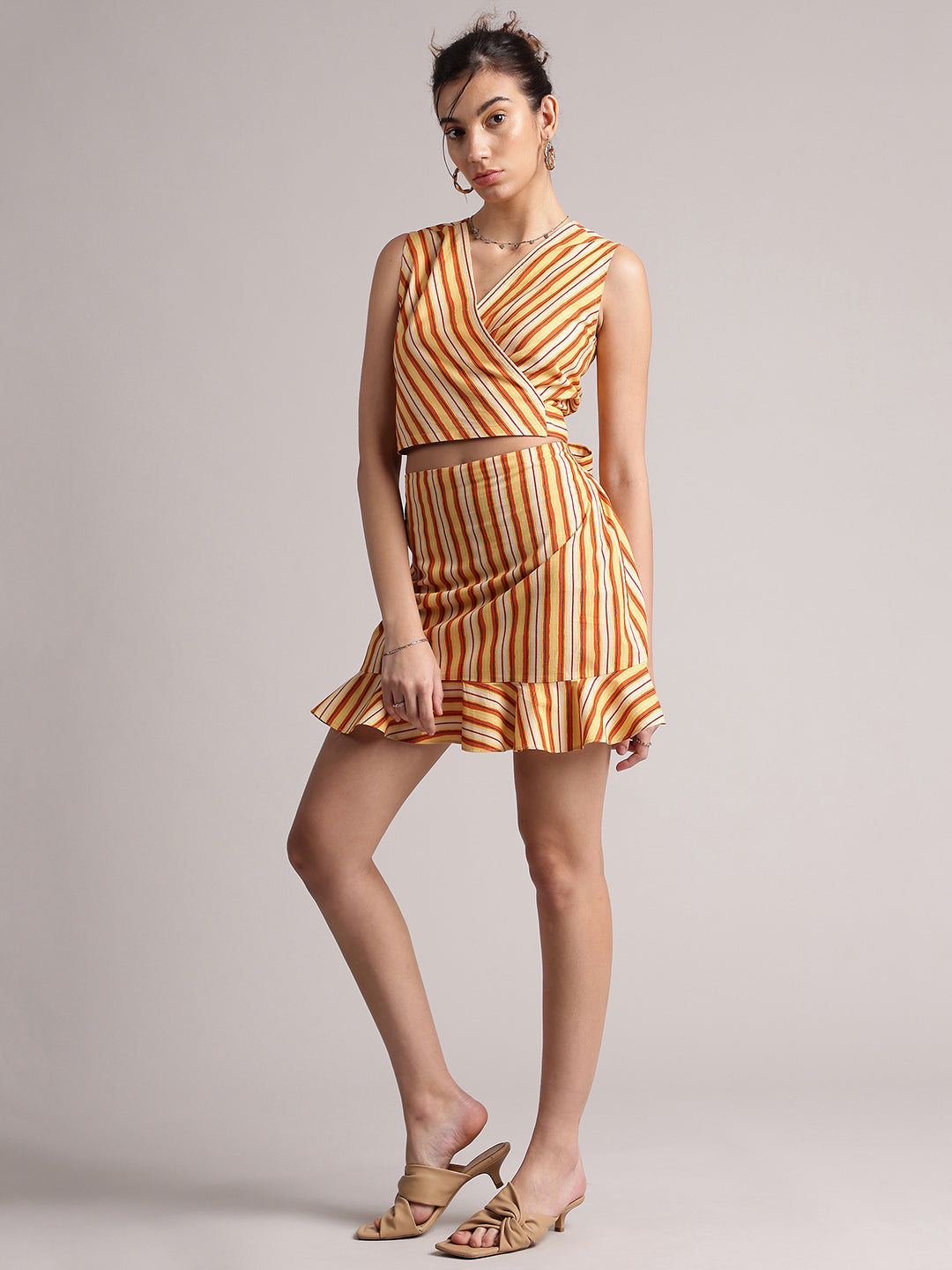 Yellow Cotton Striped Wrap Co-Ord Set  - By Janasya