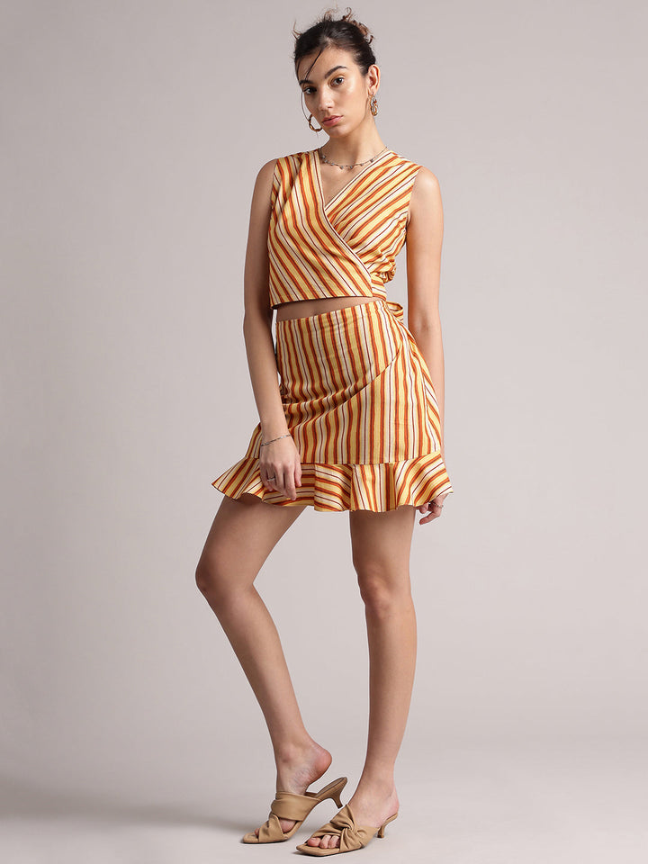 Yellow Cotton Striped Wrap Co-Ord Set  - By Janasya