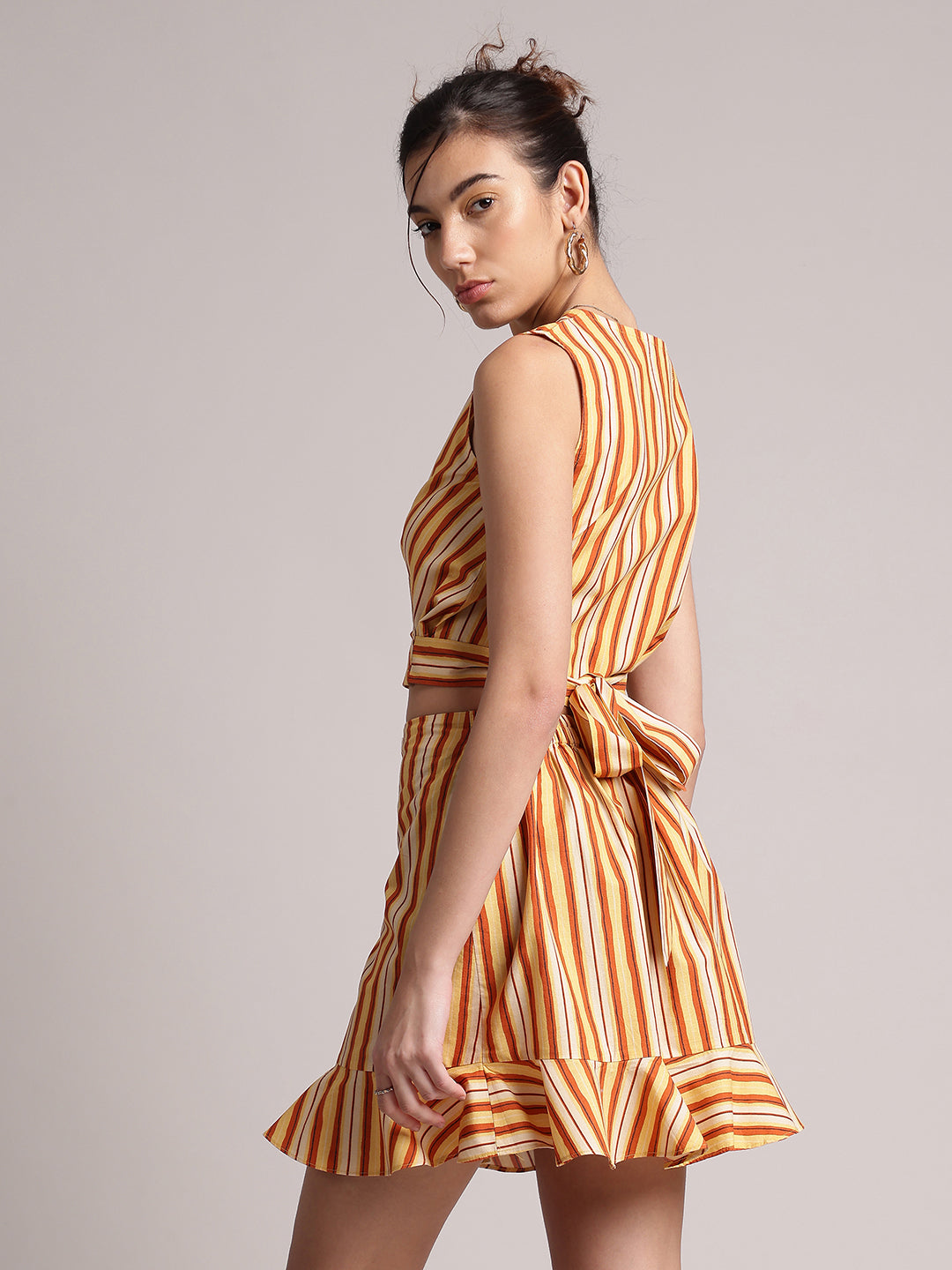 Yellow Cotton Striped Wrap Co-Ord Set  - By Janasya