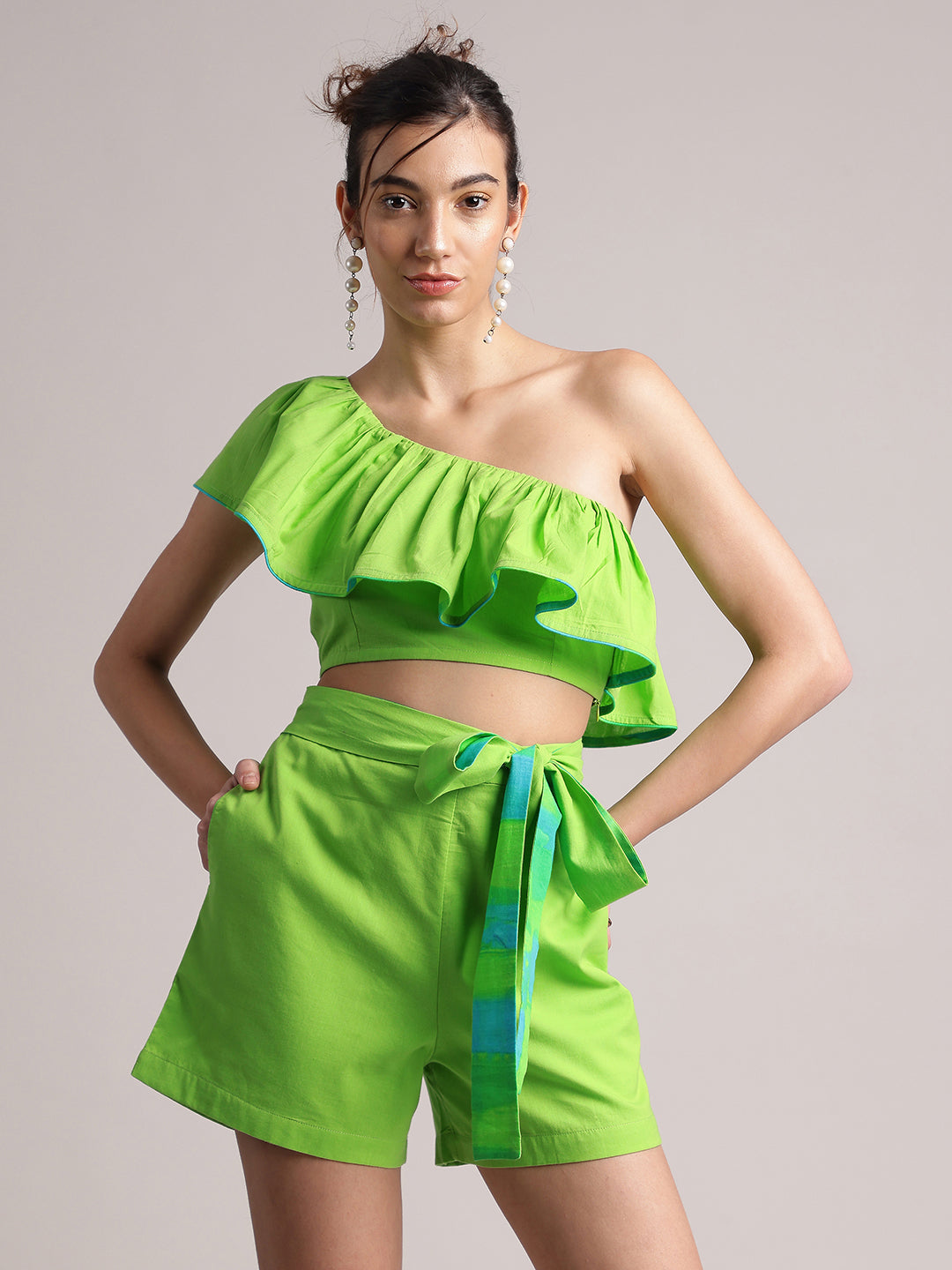 Lime Green Cotton Solid One Shoulder Co-Ord Set  - By Janasya