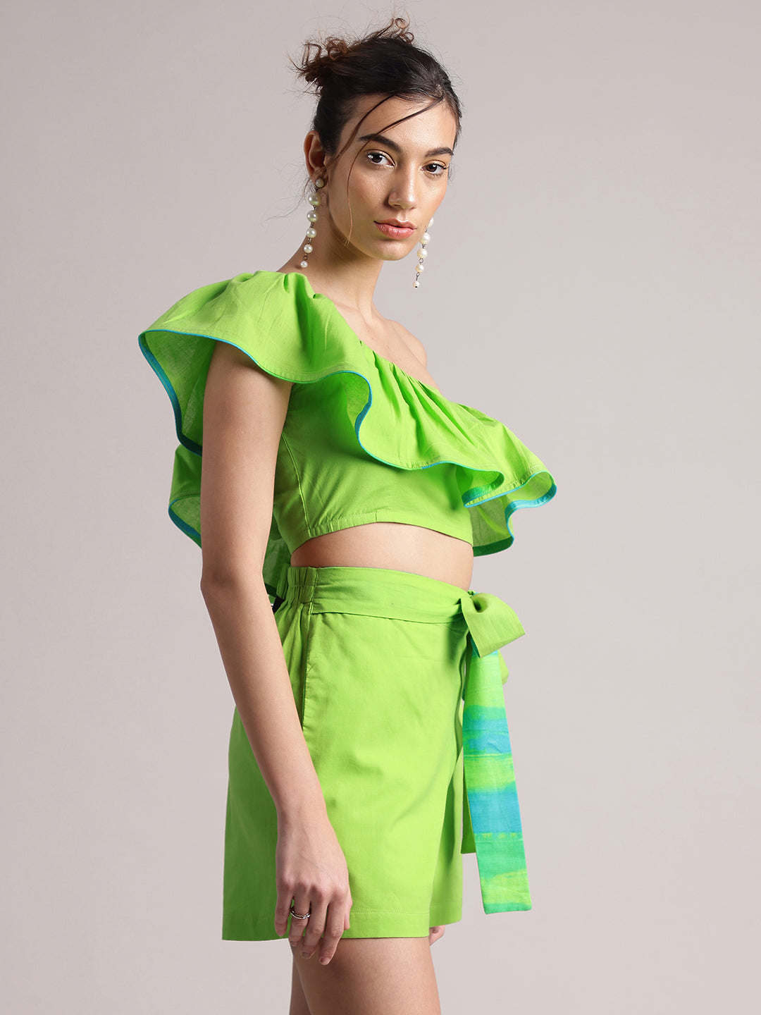 Lime Green Cotton Solid One Shoulder Co-Ord Set  - By Janasya