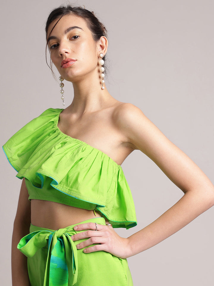 Lime Green Cotton Solid One Shoulder Co-Ord Set  - By Janasya