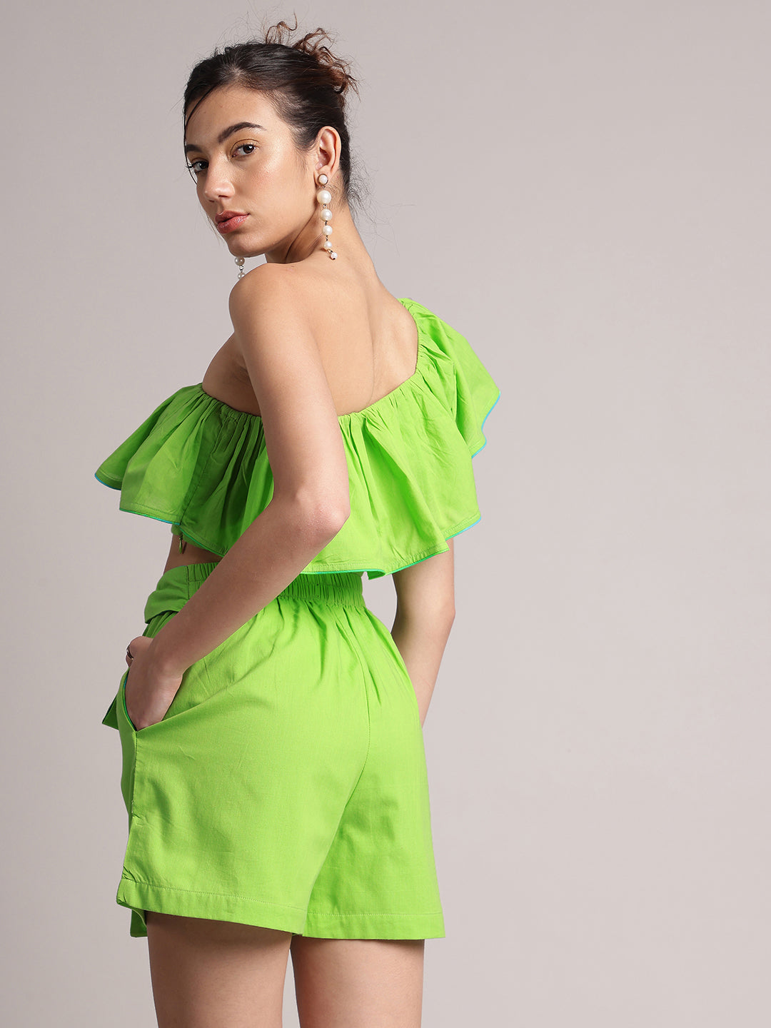 Lime Green Cotton Solid One Shoulder Co-Ord Set  - By Janasya