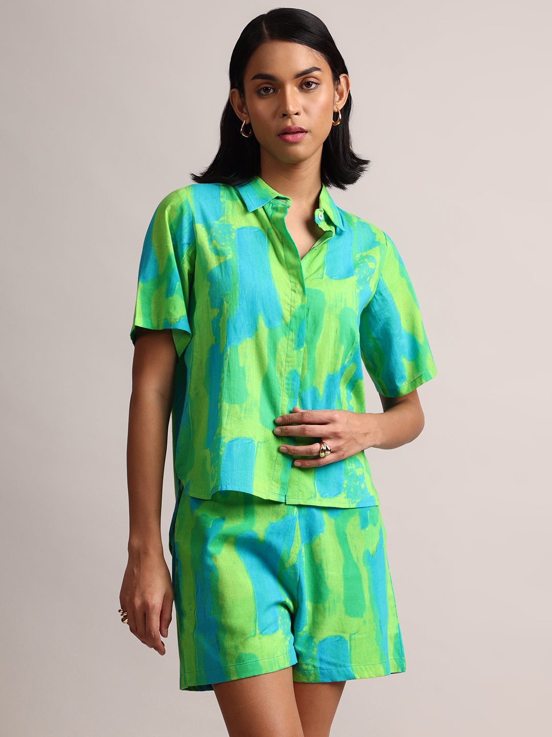 Lime Cotton Abstract Shirt Style Co-Ord Set  - By Janasya