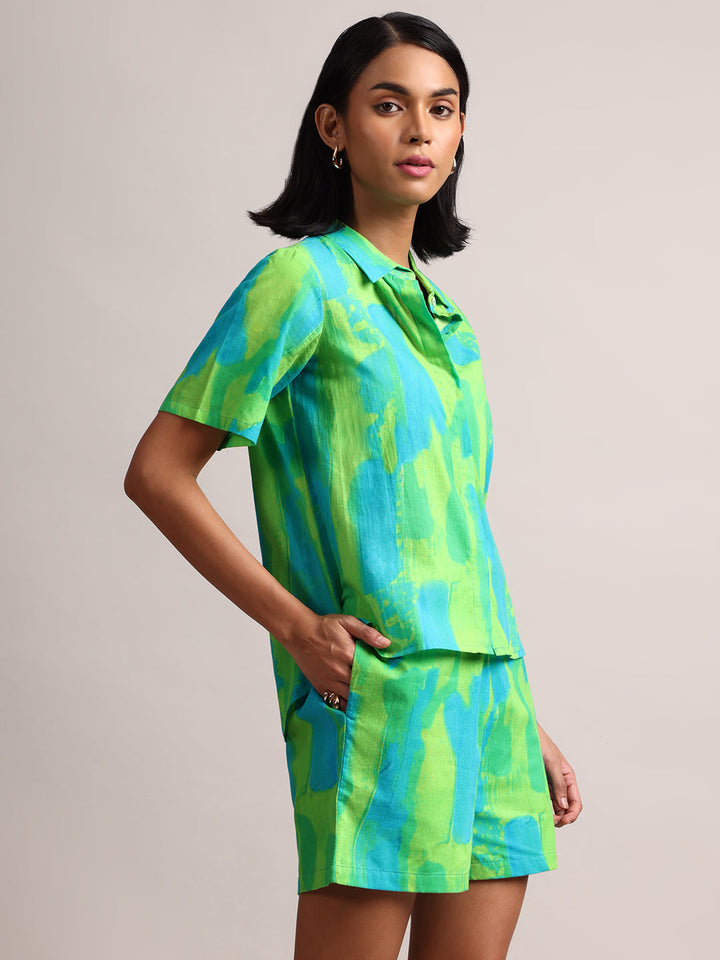 Lime Cotton Abstract Shirt Style Co-Ord Set  - By Janasya