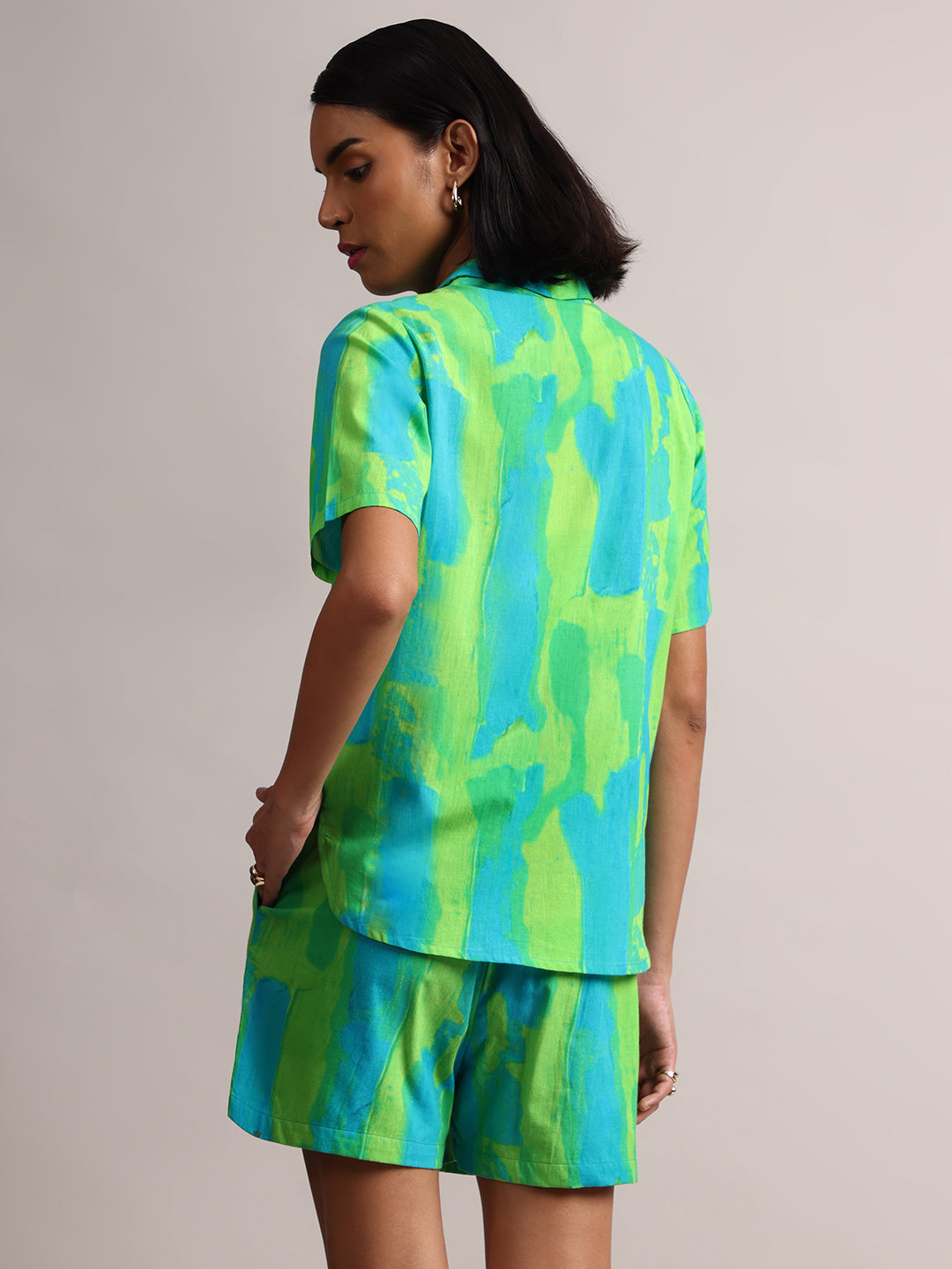 Lime Cotton Abstract Shirt Style Co-Ord Set  - By Janasya