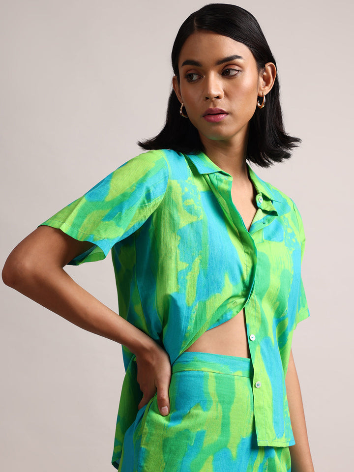 Lime Cotton Abstract Shirt Style Co-Ord Set  - By Janasya