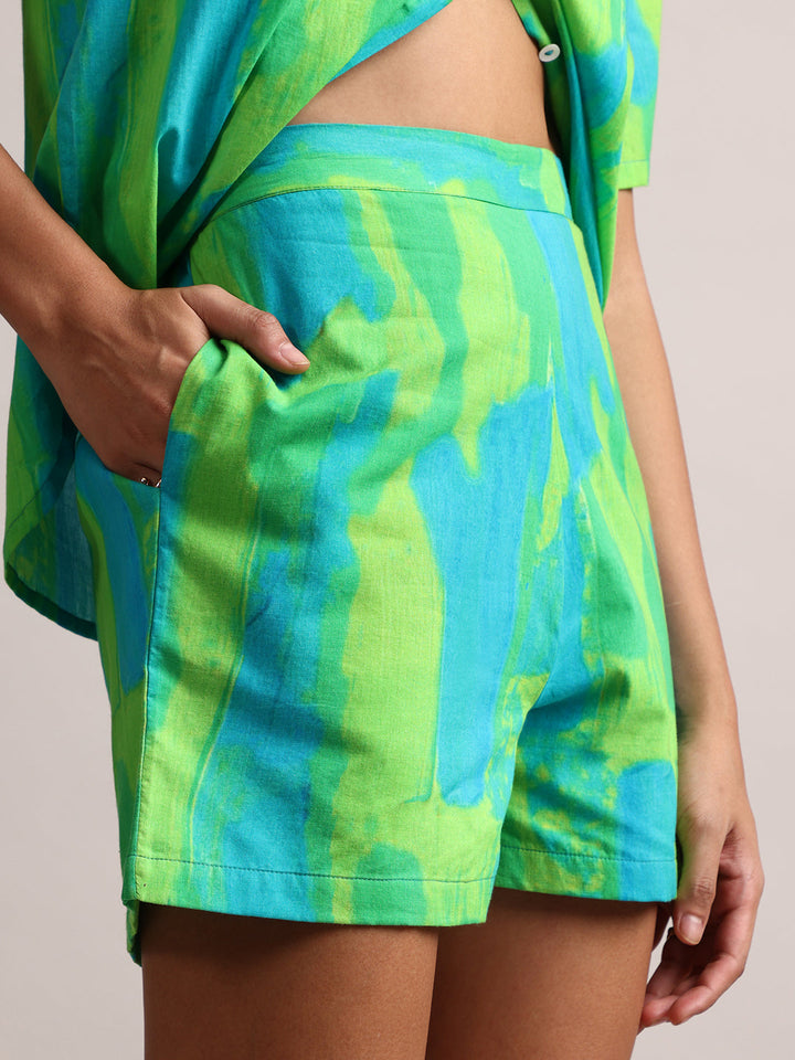 Lime Cotton Abstract Shirt Style Co-Ord Set  - By Janasya