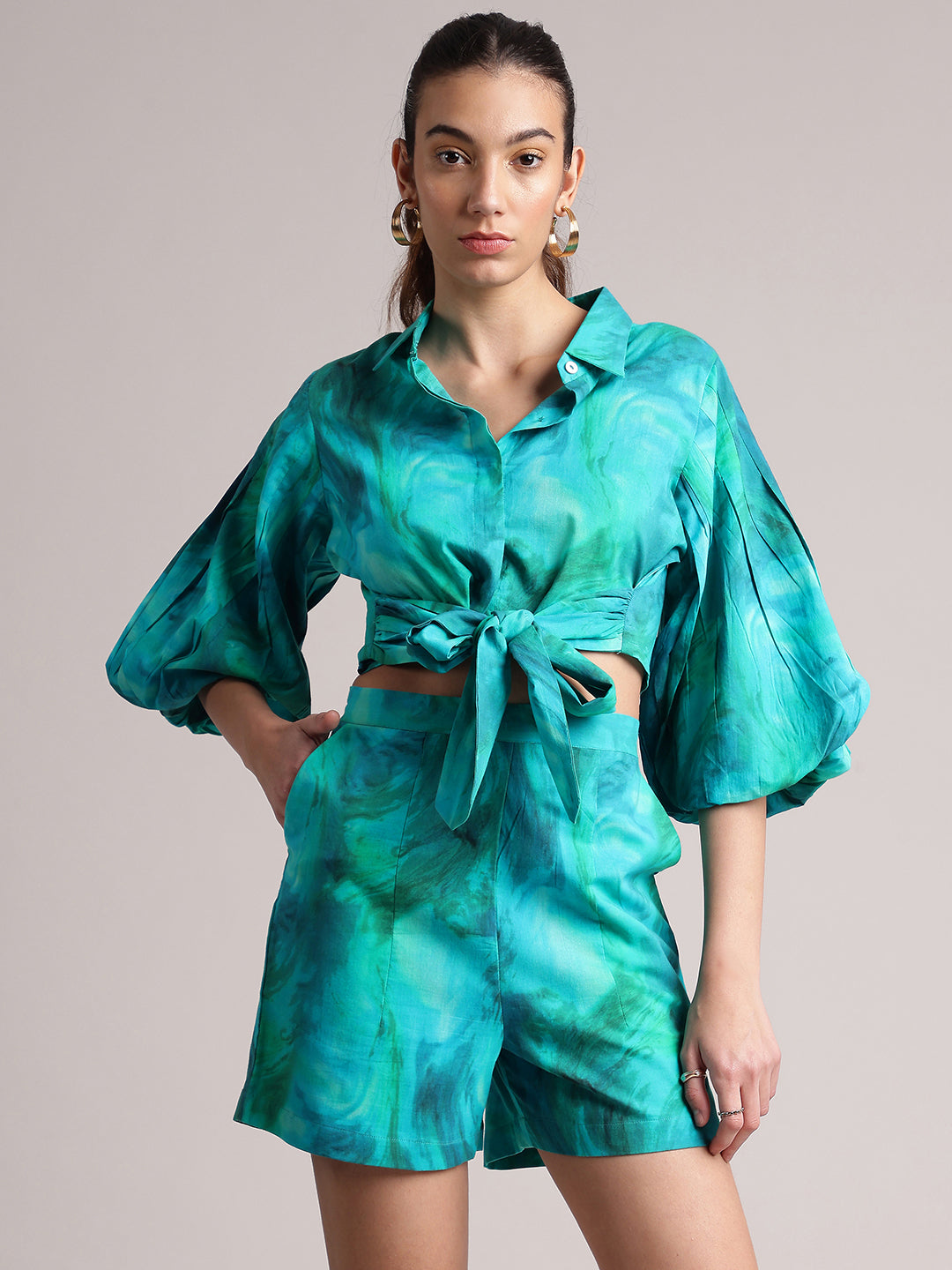 Aqua Cotton Abstract Shirt Style Co-Ord Set  - By Janasya