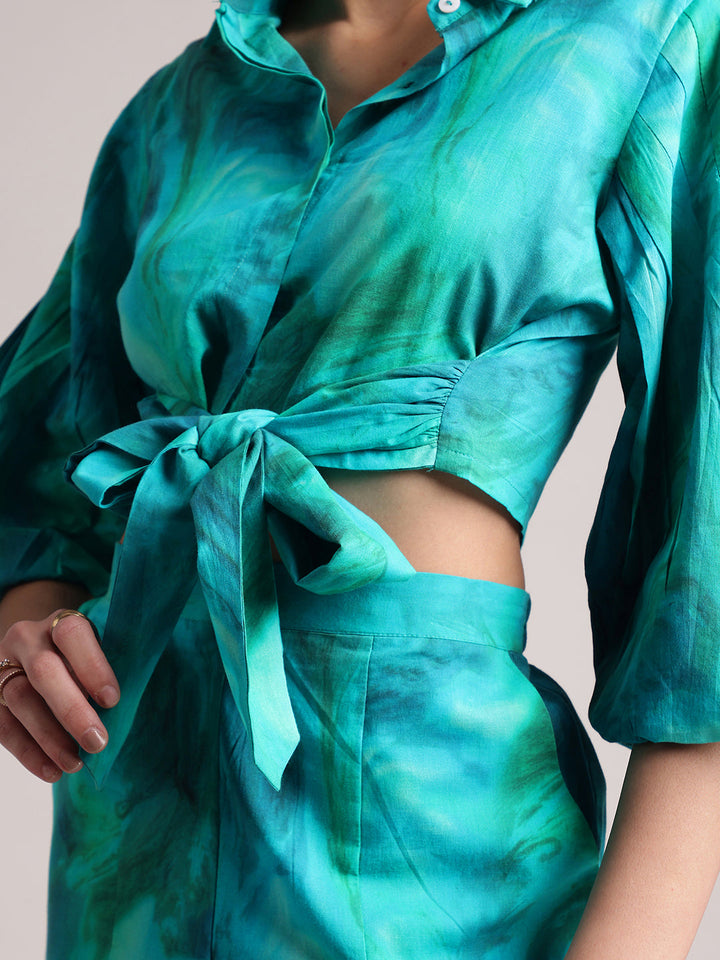 Aqua Cotton Abstract Shirt Style Co-Ord Set  - By Janasya