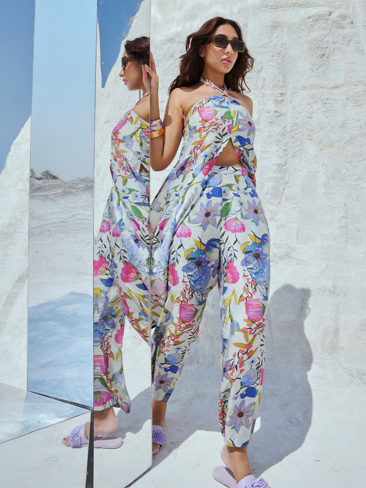 Multi Viscose Blend Floral Back Tie-Up Co-Ord Set  - By Janasya