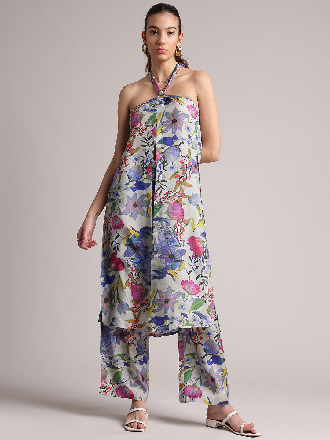 Multi Viscose Blend Floral Back Tie-Up Co-Ord Set  - By Janasya