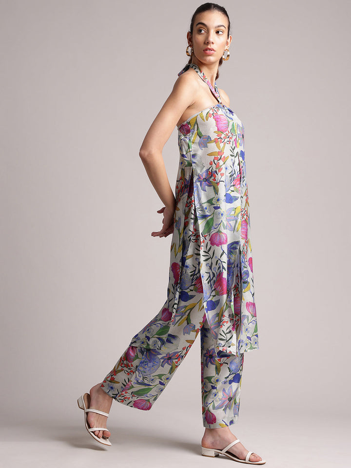 Multi Viscose Blend Floral Back Tie-Up Co-Ord Set  - By Janasya