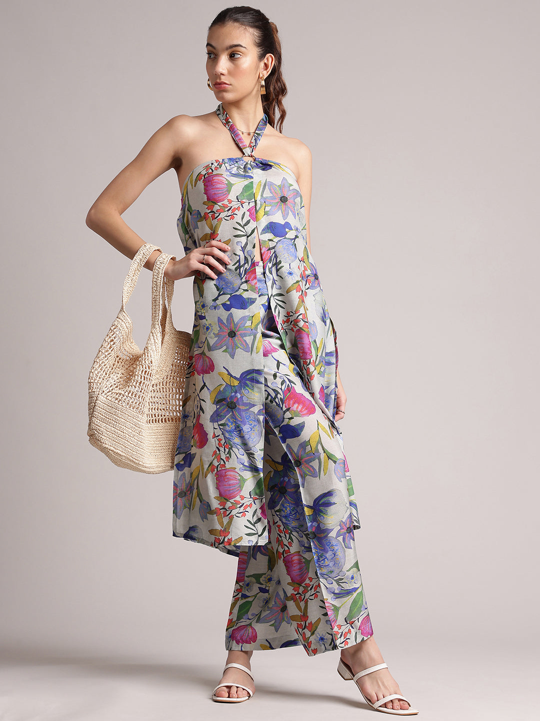 Multi Viscose Blend Floral Back Tie-Up Co-Ord Set  - By Janasya