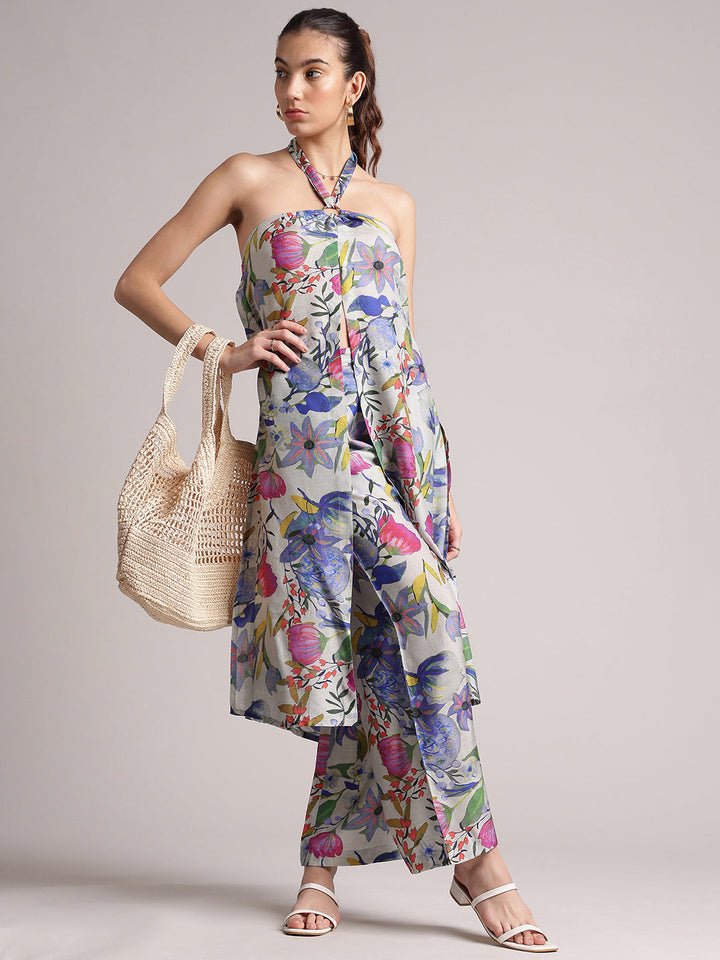 Multi Viscose Blend Floral Back Tie-Up Co-Ord Set  - By Janasya