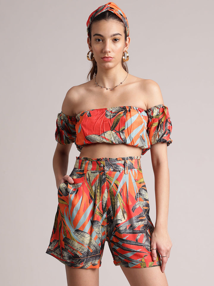 Orange Muslin Tropical Off Shoulder Co-ord Set  - By Janasya