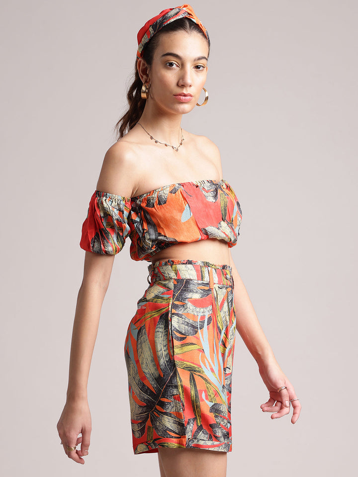 Orange Muslin Tropical Off Shoulder Co-ord Set  - By Janasya