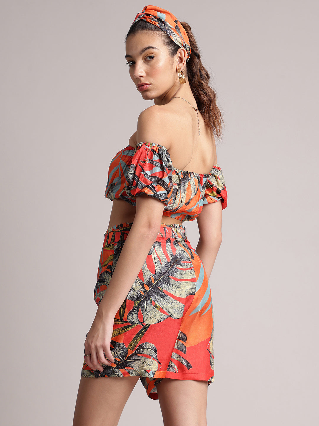 Orange Muslin Tropical Off Shoulder Co-ord Set  - By Janasya