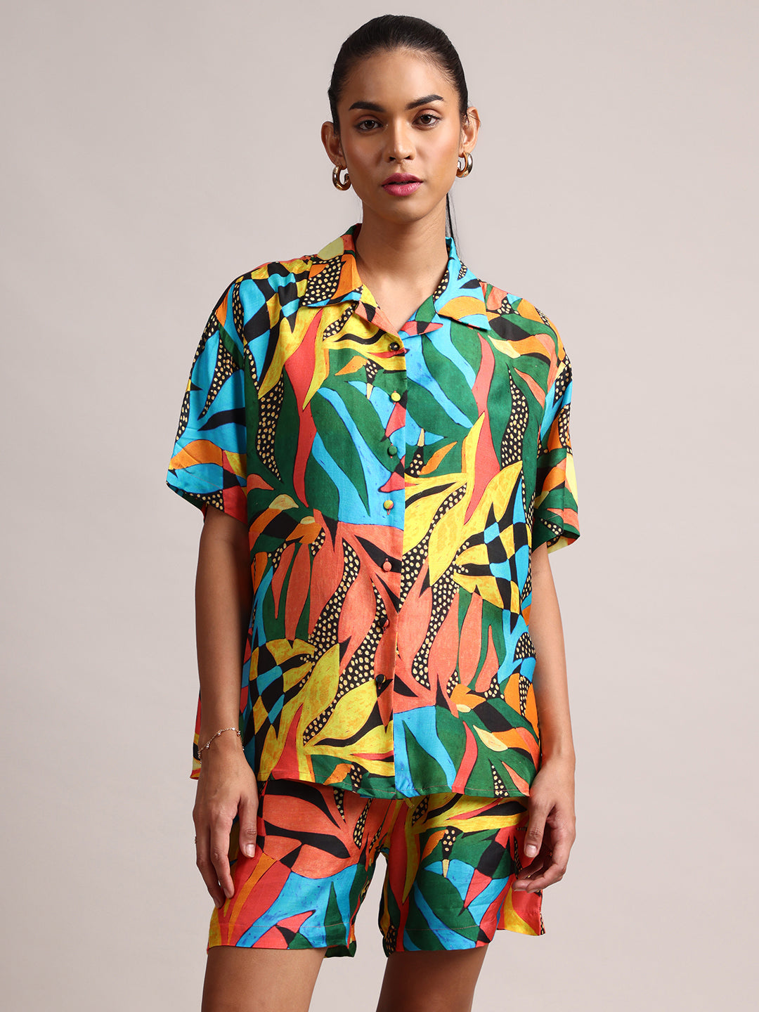 Multicoloured Muslin Tropical Shirt Styles Co-ords Set  - By Janasya