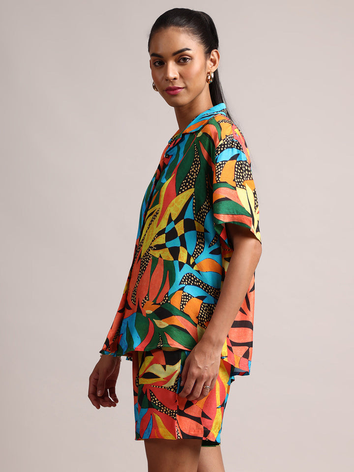 Multicoloured Muslin Tropical Shirt Styles Co-ords Set  - By Janasya