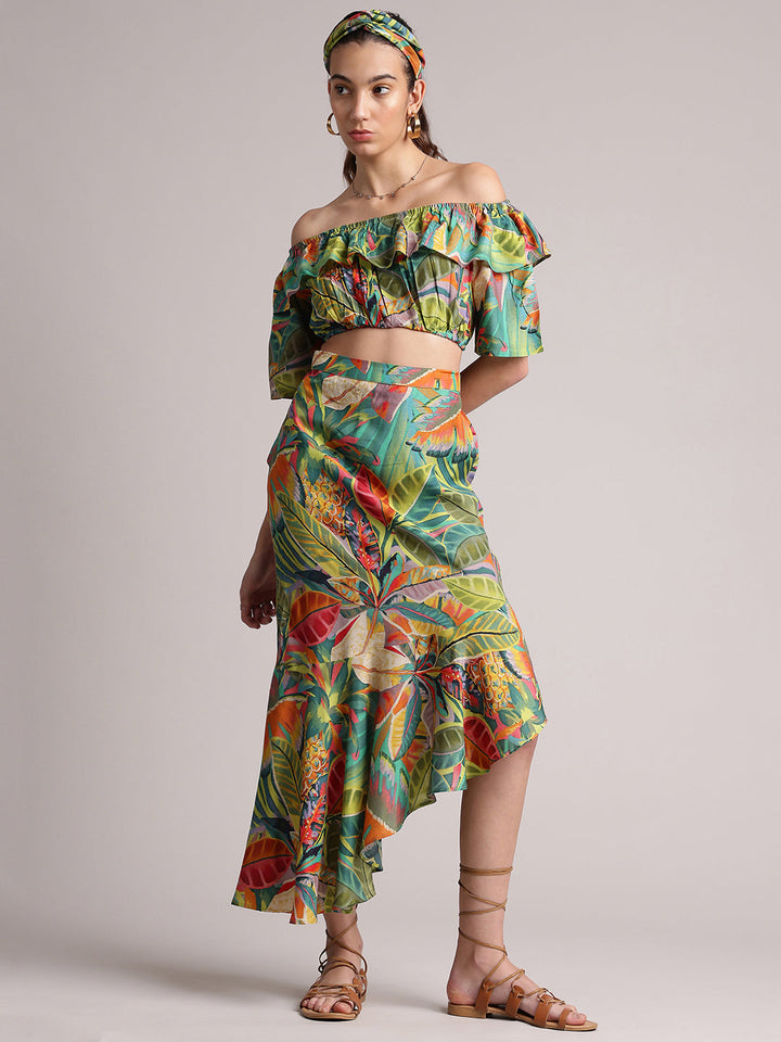 Green Muslin Tropical Ruffles Asymmetric Co-Ord Set  - By Janasya