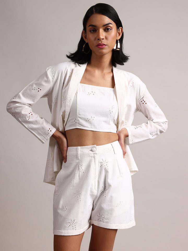 White Cotton Schiffli Regular Co-Ord Set  - By Janasya