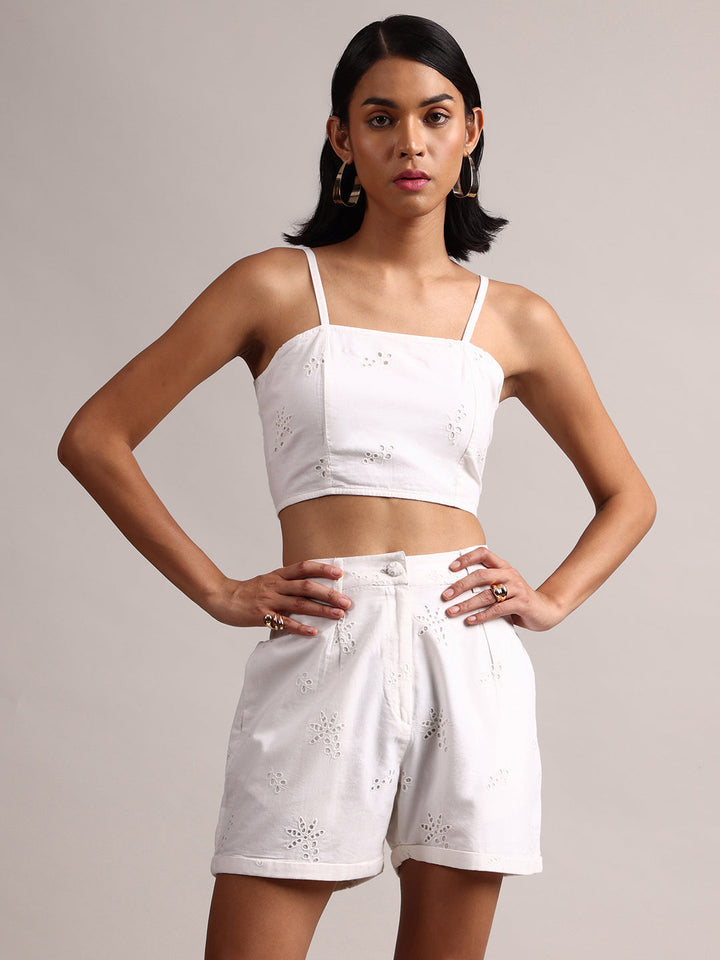 White Cotton Schiffli Regular Co-Ord Set  - By Janasya