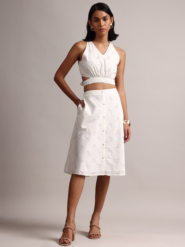 White Cotton Schiffli Embroidered Blouson Co-Ord Set  - By Janasya