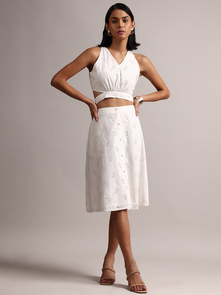 White Cotton Schiffli Embroidered Blouson Co-Ord Set  - By Janasya