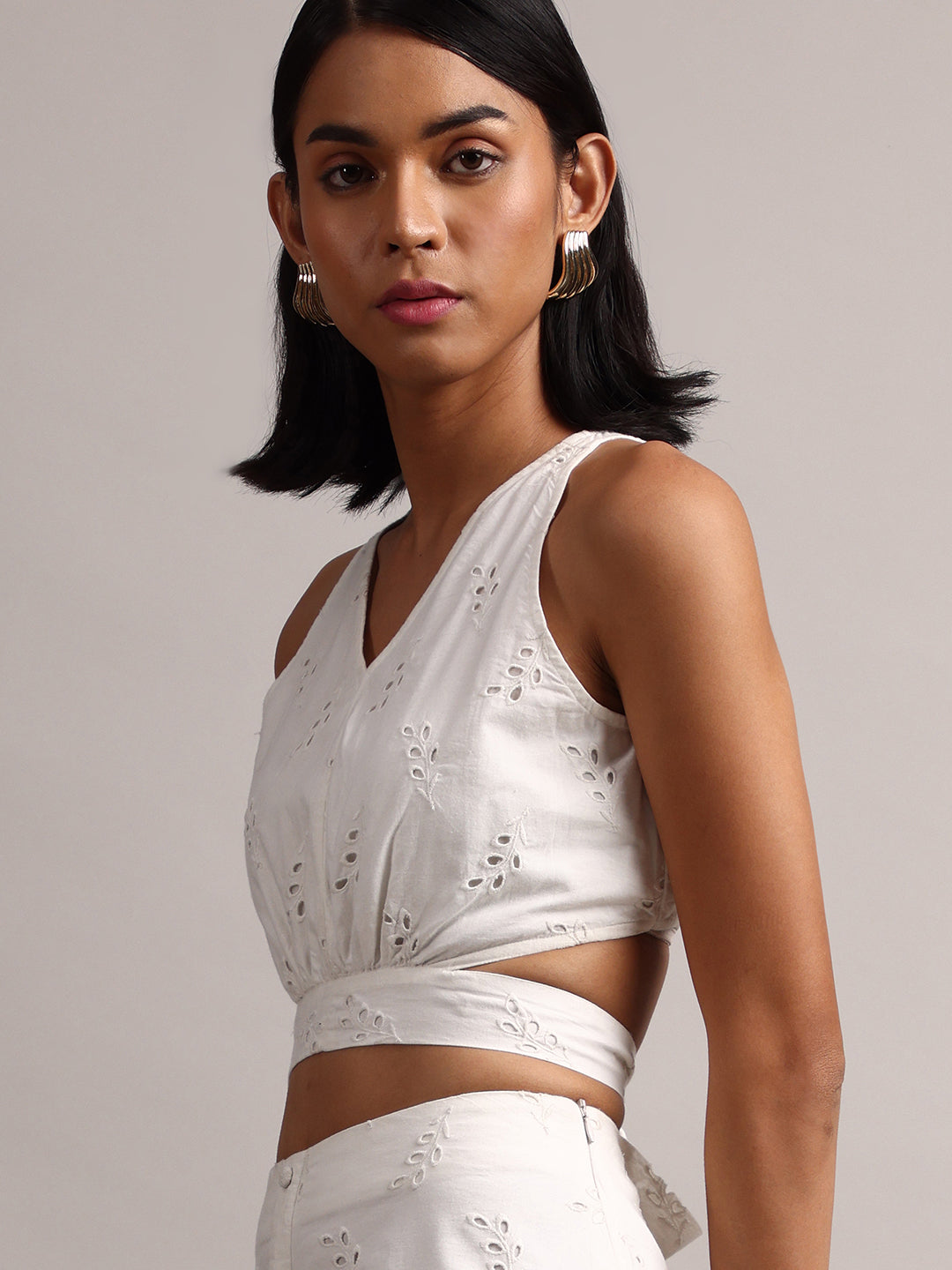 White Cotton Schiffli Embroidered Blouson Co-Ord Set  - By Janasya