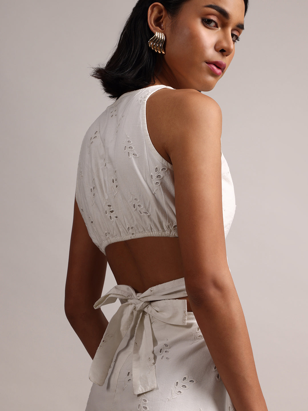 White Cotton Schiffli Embroidered Blouson Co-Ord Set  - By Janasya