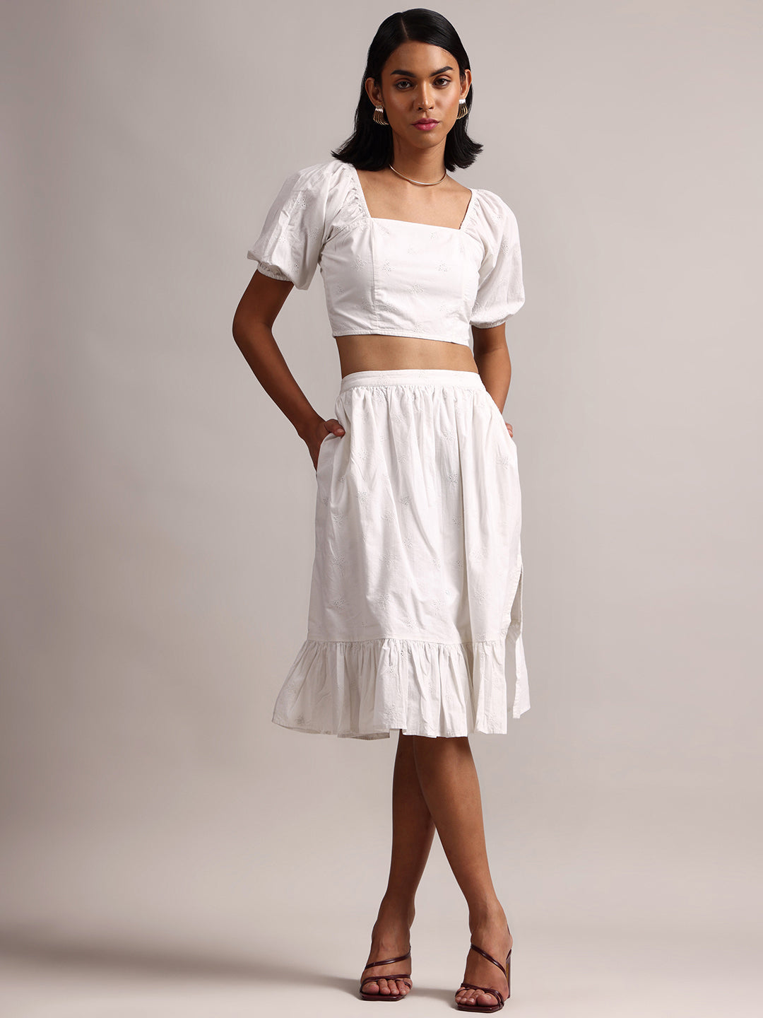 White Cotton Schiffli Fit & Flare Skirt Top Set  - By Janasya