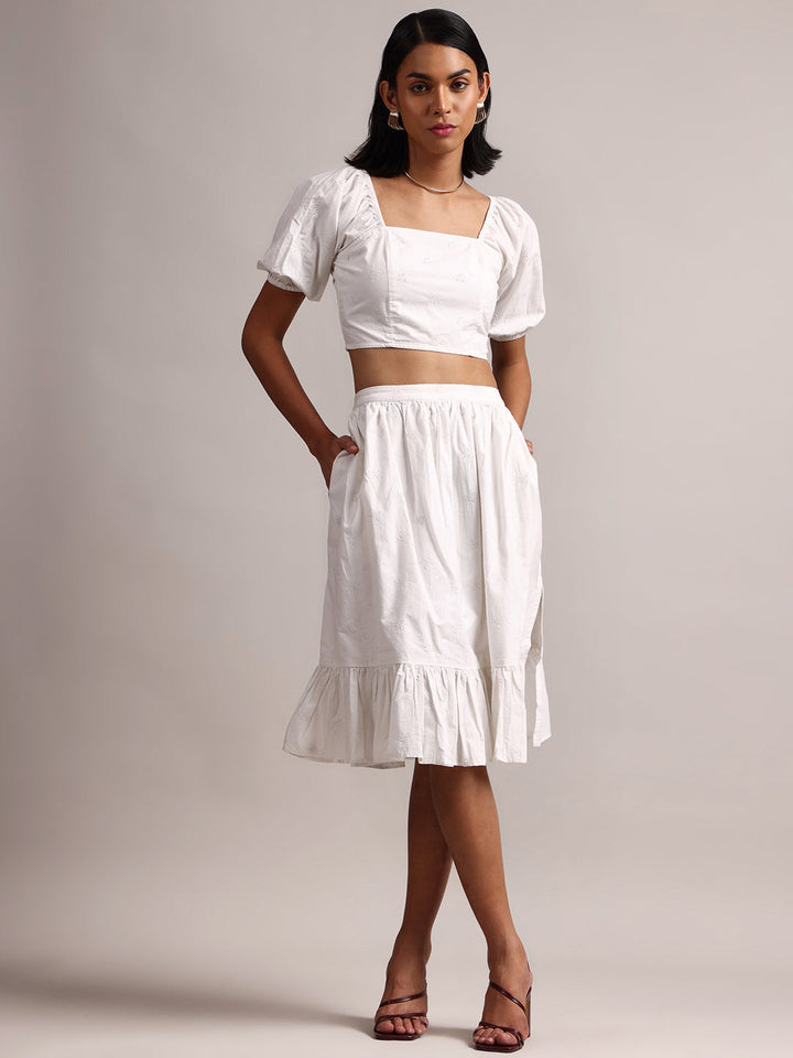 White Cotton Schiffli Fit & Flare Skirt Top Set  - By Janasya