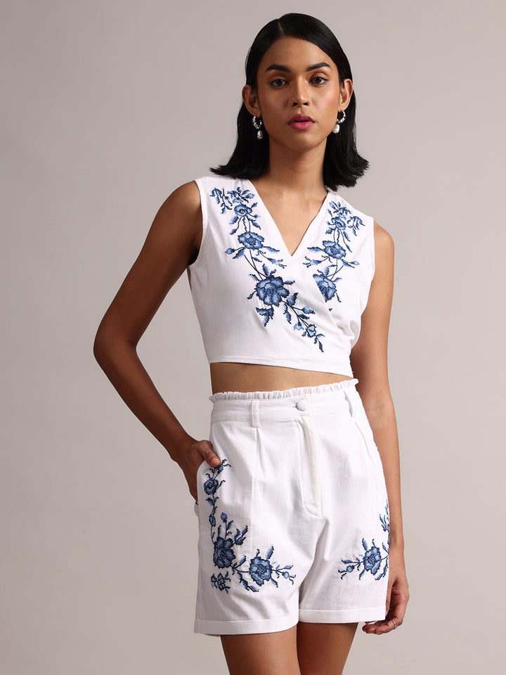 White Cotton Embroidered Wrap Back Tie-Up Co-Ord Set  - By Janasya