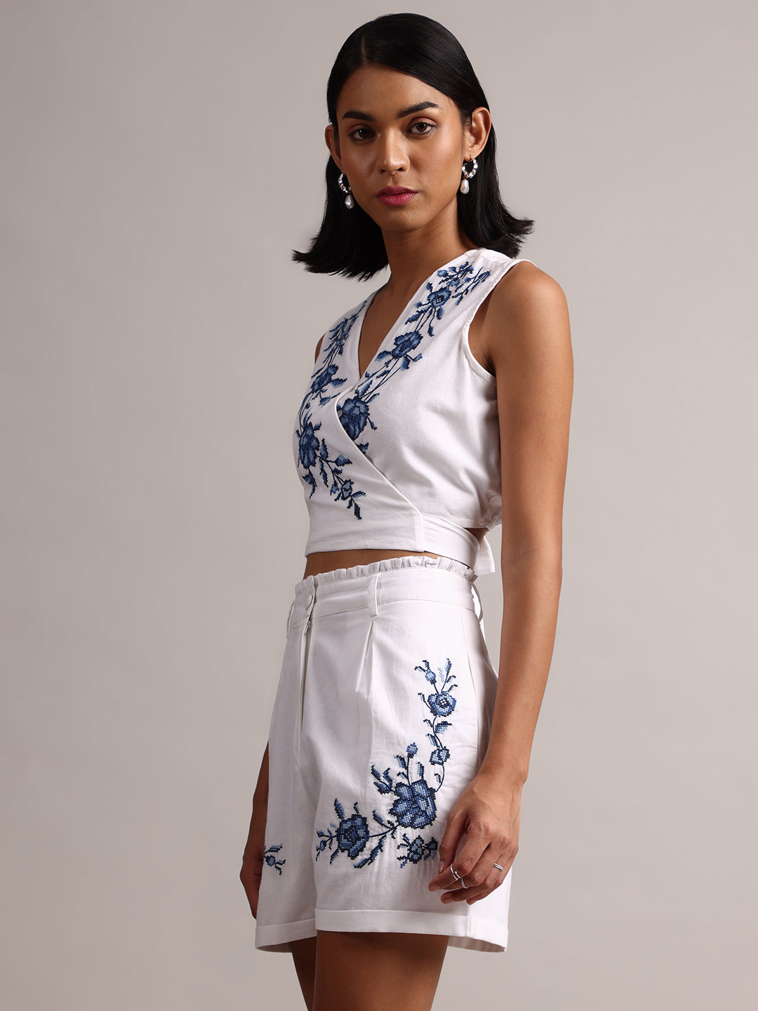 White Cotton Embroidered Wrap Back Tie-Up Co-Ord Set  - By Janasya