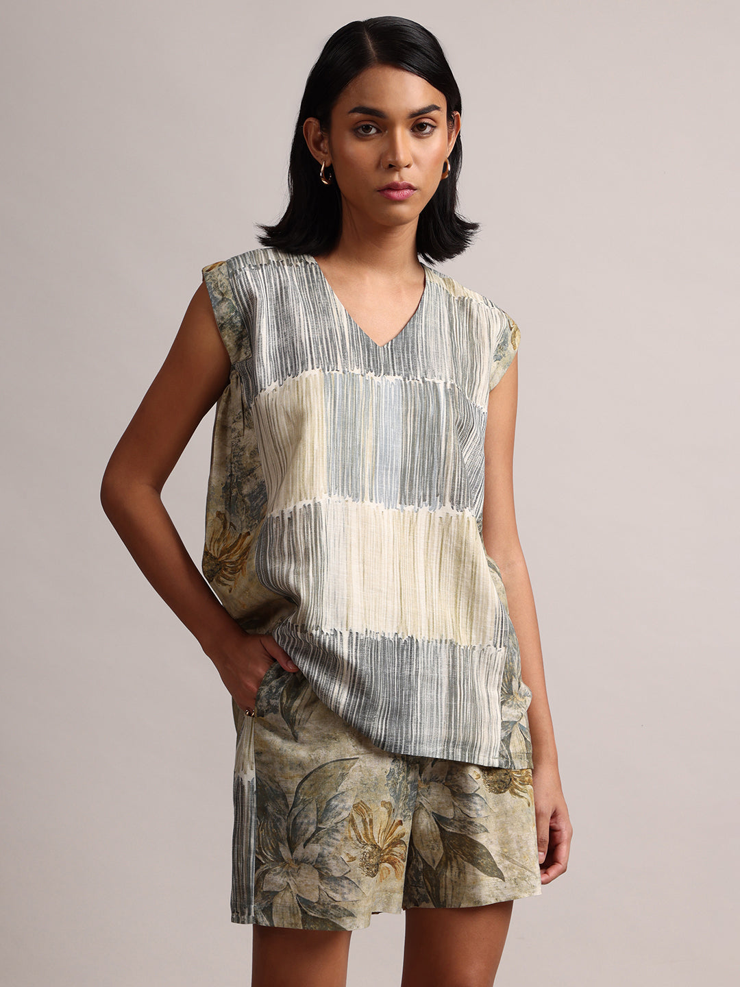 Grey Cotton Linen Striped Panelled Co-Ord Set  - By Janasya