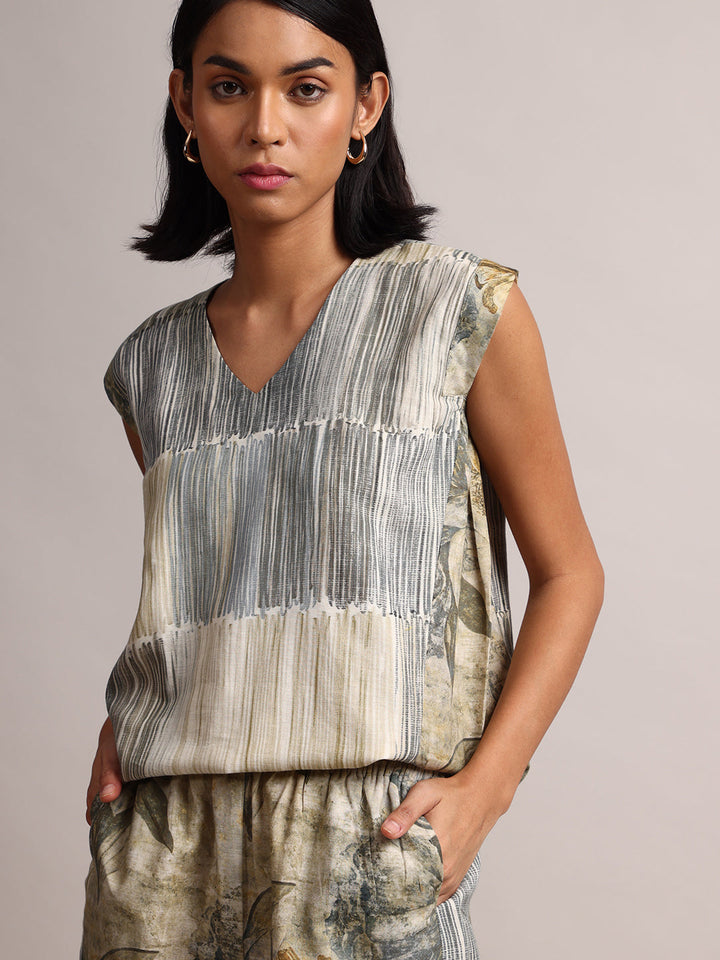 Grey Cotton Linen Striped Panelled Co-Ord Set  - By Janasya