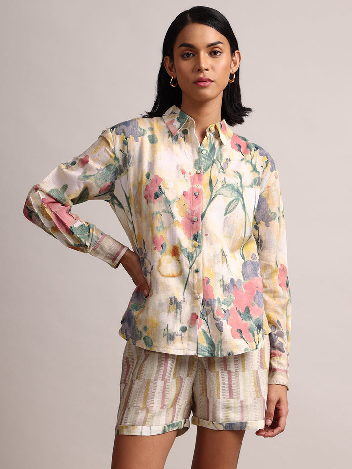 Cream Cotton Linen Floral Shirt Co-Ord Set  - By Janasya