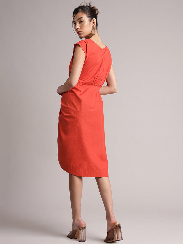 Rust Poplin Solid Ruching Style Dress  - By Janasya