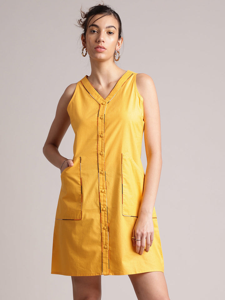 Yellow Cotton Solid Shirt Dress  - By Janasya