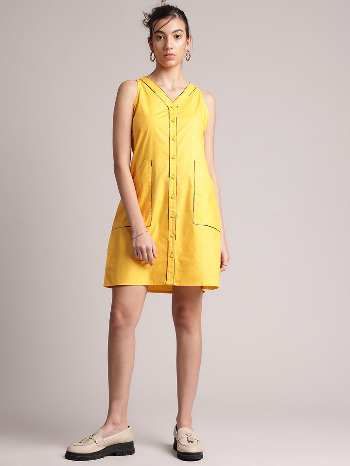 Yellow Cotton Solid Shirt Dress  - By Janasya